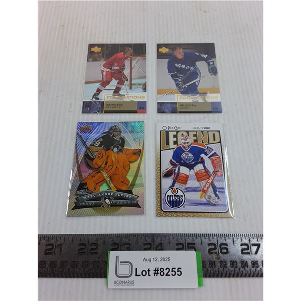 (4) NHL Collector Cards (2-Howe, 1-Fuhr, 1-Fleury) Authenticity Not Guaranteed