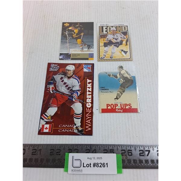 (4) NHL Collector Cards (Gretzky KD Large, Orr, Lemieux, Lindros) Authenticity Not Guaranteed
