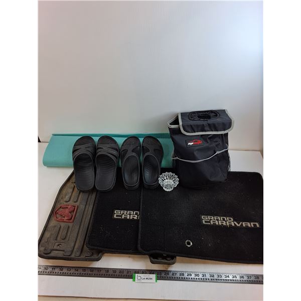 (3) Dodge Floor Mats, Yoga Mat, Car Organizer, (2) Pairs of Sandals - Sizes 7 & 8