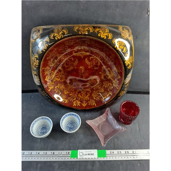 Decorative Glass Bowl, China Tea Cups, Pink Glass Ash Tray and Ruby Glass Cup