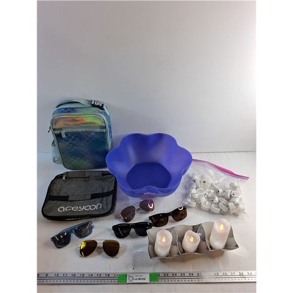 Flameless Candles, Sunglasses, Plastic Bowl, Candle Holder and Bags
