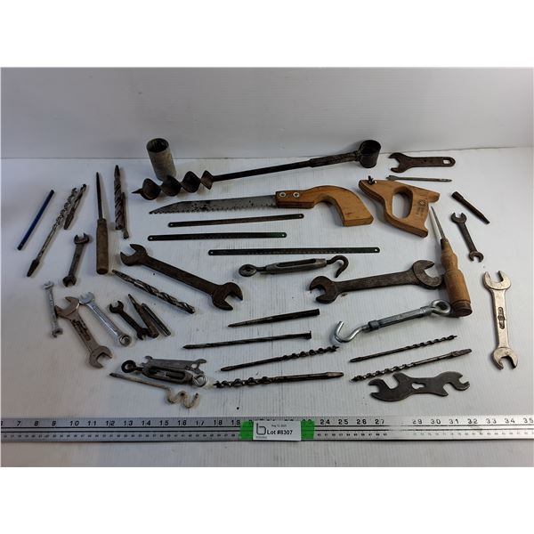 Various Wrenches, Drill Bits, Hand Saw, 12" Saw Blades and Metal File