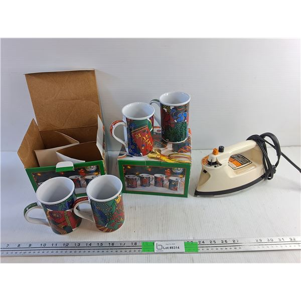 (8) 12 Oz Christmas Mugs and Vintage Light'n Easy Electric Iron - Powers On, As Is