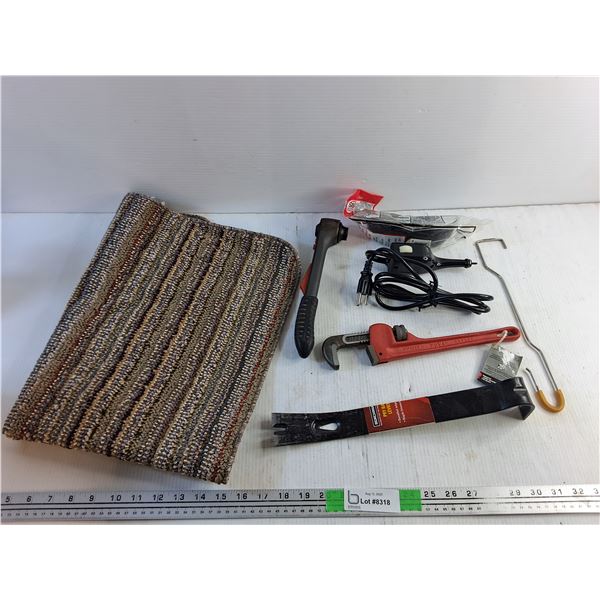 Ratchet Wrench, Pry Bar, Pipe Wrench, Electric Engraver, Safety Glasses and Floor Mat