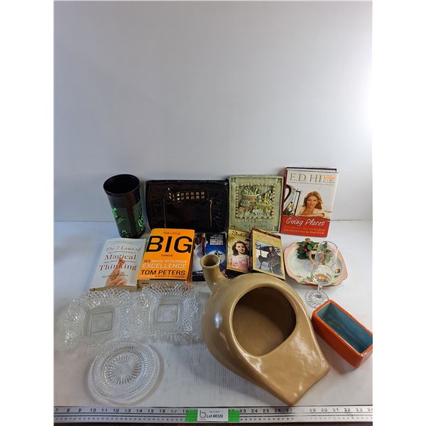 Ladies Bag, Various Books, Bed Pan, Glass Goblet, Glass Dishes, Wall Decor and Misc