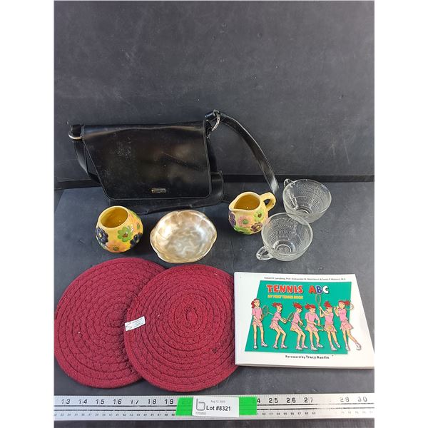 Hand Painted Cream & Sugar Set, Tea Cups, Azzaro Ladies Bag, My First Tennis Book and Misc