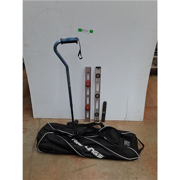 Rawlings Sports Equipment Bag, Carpenters Levels and Adjustable Quad Cane -PICK UP