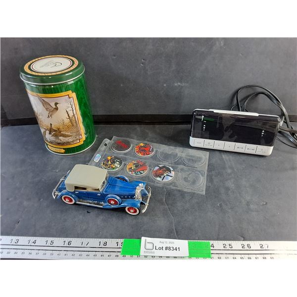 Spooked Tin, Die Cast Car Model, Alarm Clock - Powers On, As Is and Todd McFarlane Spawn Tokens