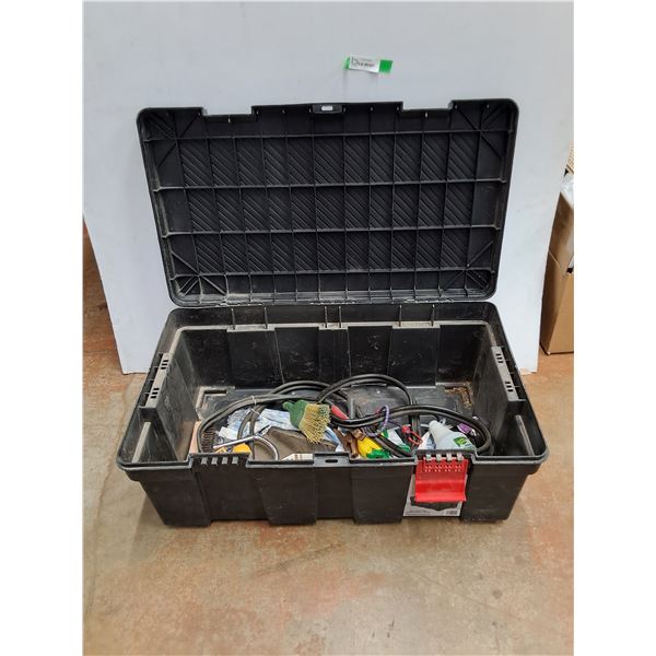 **Plastic Tote with Lid 33" x 19" x 13", Jumper Cables, Metal Brush and Misc, Cannot Ship