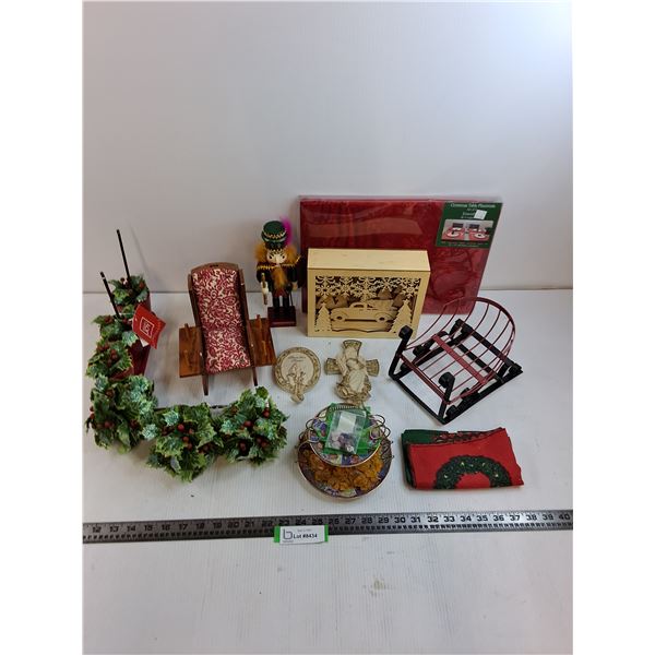Christmas Decor Lot (Ornaments, Table Cloth, Misc.)
