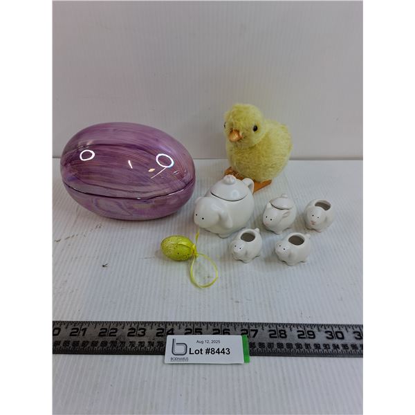 Easter Ornaments Lot (Eggs, Rabbits, Baby Chick Coin Bank)