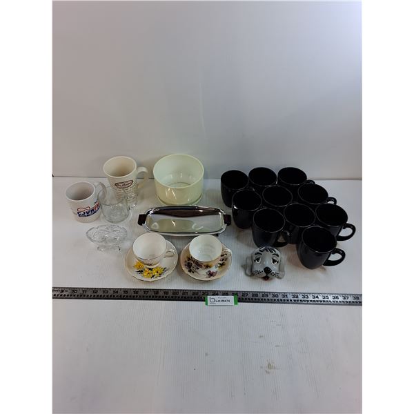 Set of 10 Corelle Mugs, 2 Fine China Tea Cups & Saucers, Mugs, Misc.