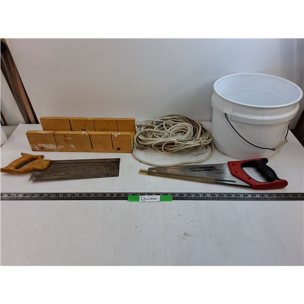 (2) Handsaws, Saw Box, Rope, Bucket