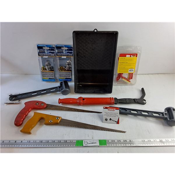 (2) Hole Saw, Nail Puller, (2) Mallet with Tent Peg Remover, Trailer Wiring Kit, Paint Tray and Misc
