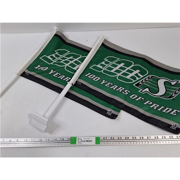 (2) Saskatchewan Rough Rider Flags 100th Anniversary For Vehicles