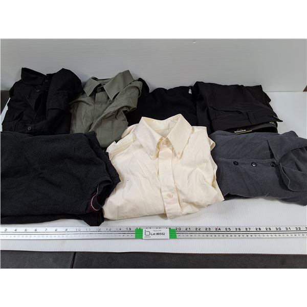 (3) Dress Shirts M-L, (2) Long Sleeve Sweaters M/L, Dressy T Size L, Shorts Size 30