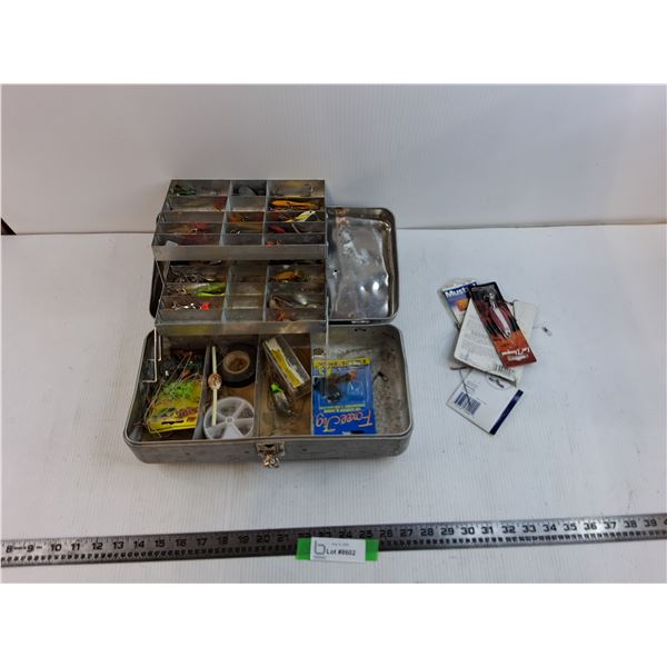 Lot Of Fishing Lures, Hooks, 24" Metal Container