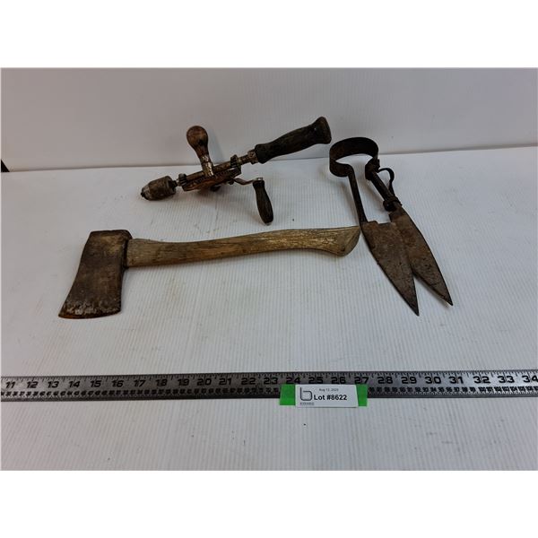 12" Stanley Hand Drill, 16" Axe, 12" Metal Shears