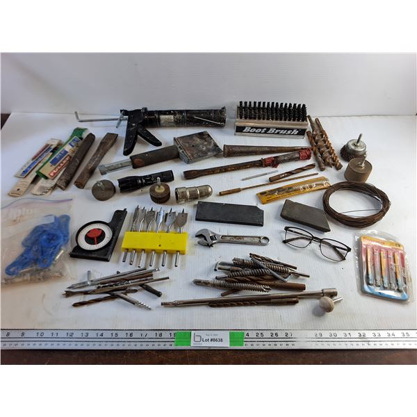 Caulking Gun, Various Drill & Rotary Tool Bits, Boot Brush, Flashlight, Chisels and Misc