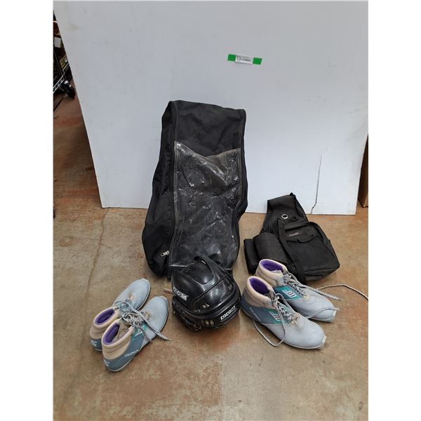 Salomon Cross Country Skiing Boots - Size 12, Bicycle Panniers, CCM Hockey Helmet, Bag