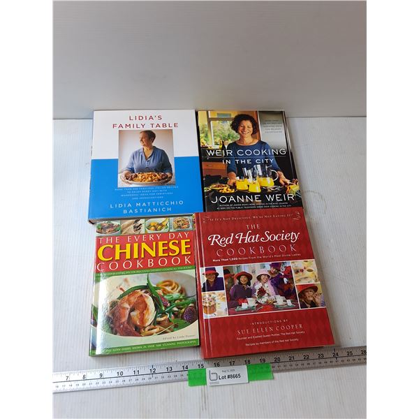 (4) Cookbooks - Lidias Family Table, Weir Cooking In The City, The Red Hat Society, Misc