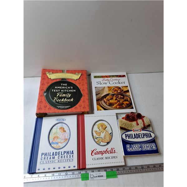 (5) Cookbooks - Philadelphia Cream Cheese, Campbells Classic Recipes,Betty Crockers Slow Cooker, Mis