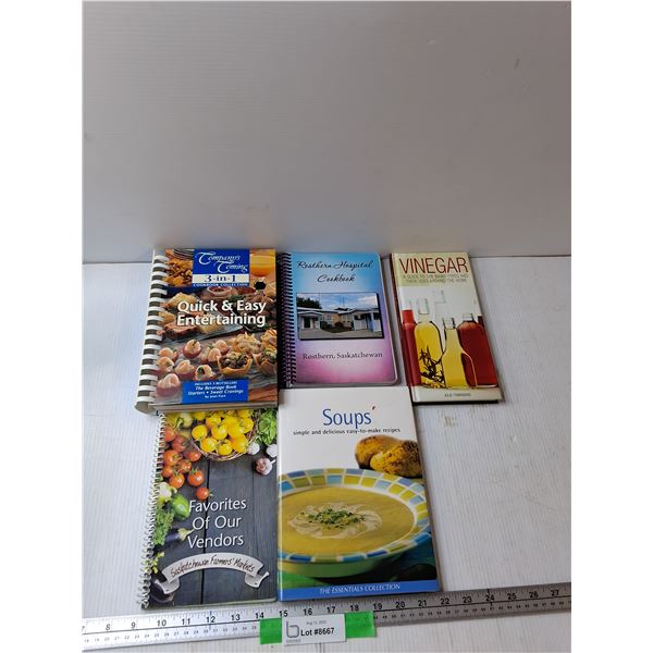 (5) Cookbooks - Soups, Vinegar, Rosthern Hospital Cookbook, Misc