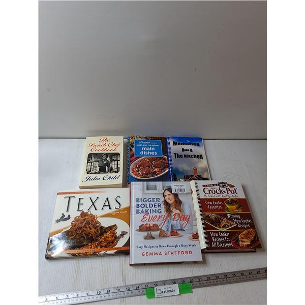 (6) Cookbooks - The French Chef Cookbook, Texas, Memories Made In The Kitchen, Misc
