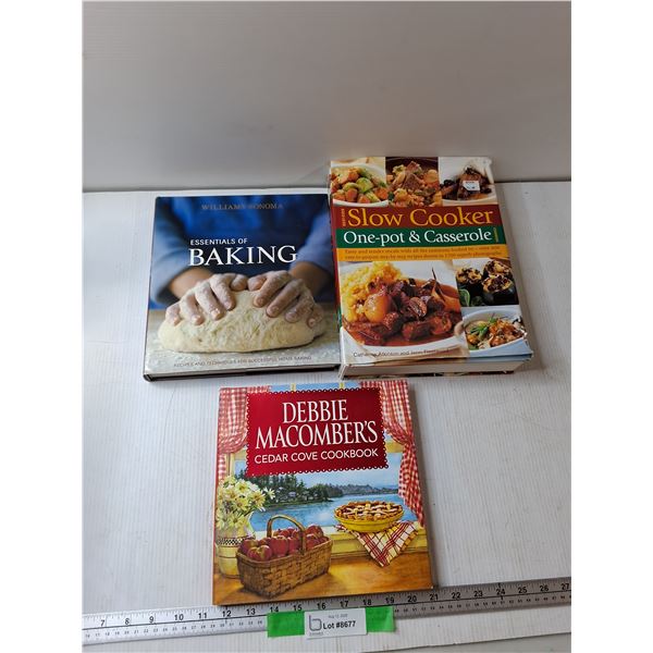 (3) Cookbooks - Essentials Of Baking, Slow Cooker One-Pot & Casserole, Cedar Cove Cookbook