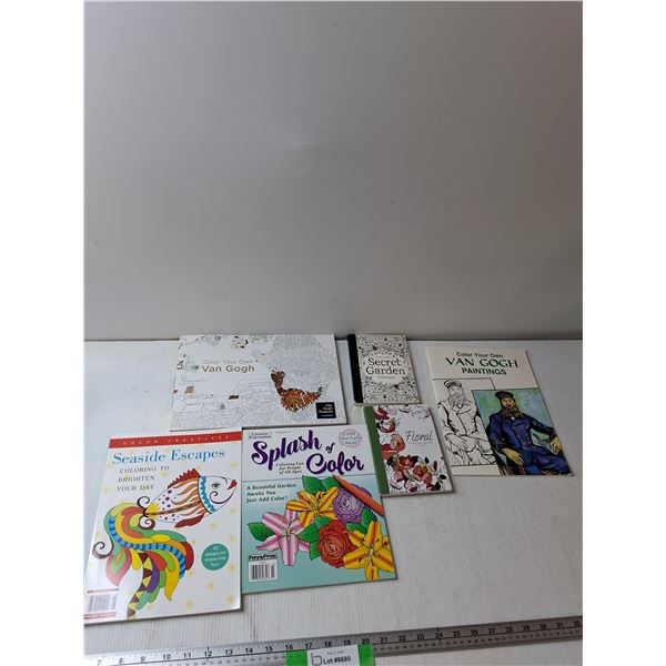 (6) Colouring Books, Seaside Escapes, Splash Of Color, Color Your Own Van Gogh, Misc