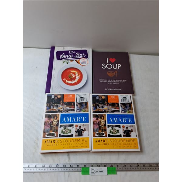 (4) Cookbooks - (2) Cooking With Amar'e, The Soup Bar, I Love Soup