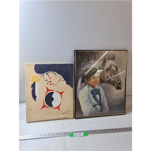 (2) Paintings - Fabric Painting 13'' x 16'', First Nation Girl With Horse - 16''  x 20' - As Is