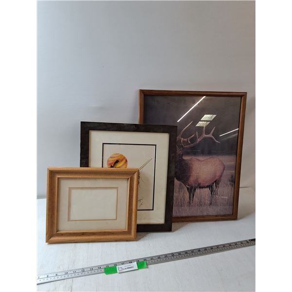 Framed Moose Picture 17'' x 21'', Framed First Nation Painting 14'' x 16.5'', Empty Picture Frame