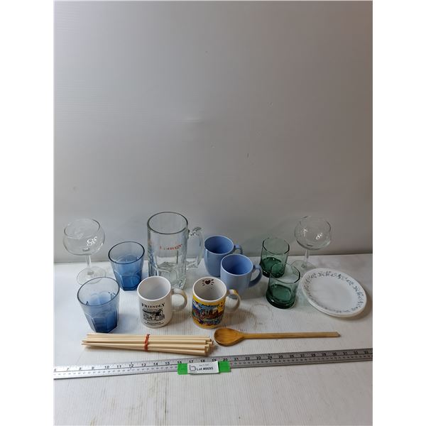 (4) Coffee Mugs, (4) Water Glasses, (4) Dessert Plates, Misc