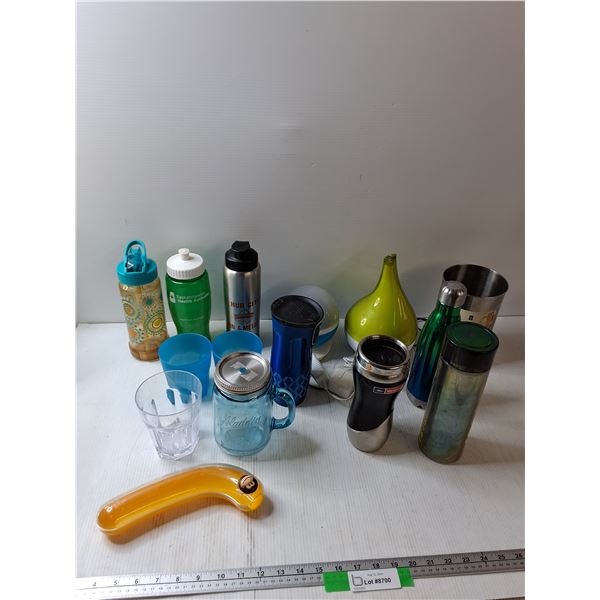 (5) Water Bottles, (2) Coffe Mugs, (3) water Glasses, Misc - As Is