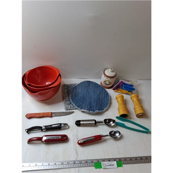 (3) Bowls, (2) Peelers, Salt And Pepper Containers, Misc
