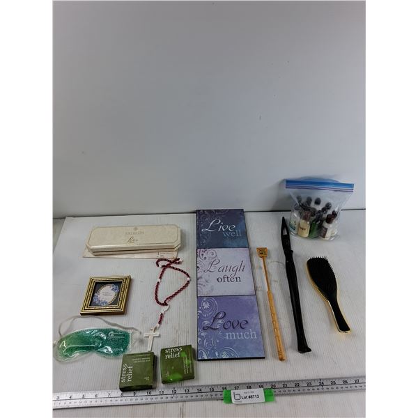Assorted Shampoo & Conditioner, Eye Mask, (3) Wall Plaques, Misc