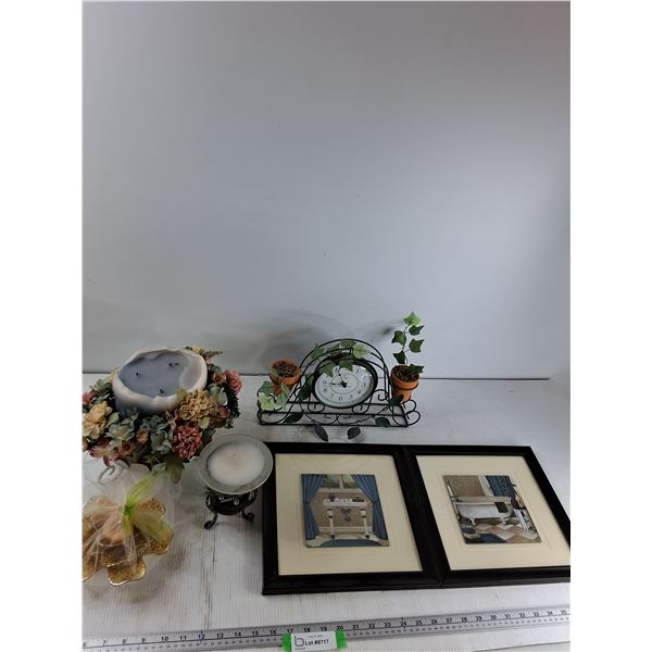 (2) Framed Pictures - 11.5'' x 11.5, Clock, (2) Candles, Wax Warmer