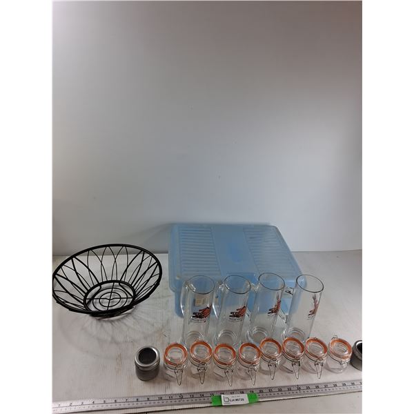 (4) Western Brewing Company Glasses, (10) Small Jars, Basket, Plastic Bin - PICK UP