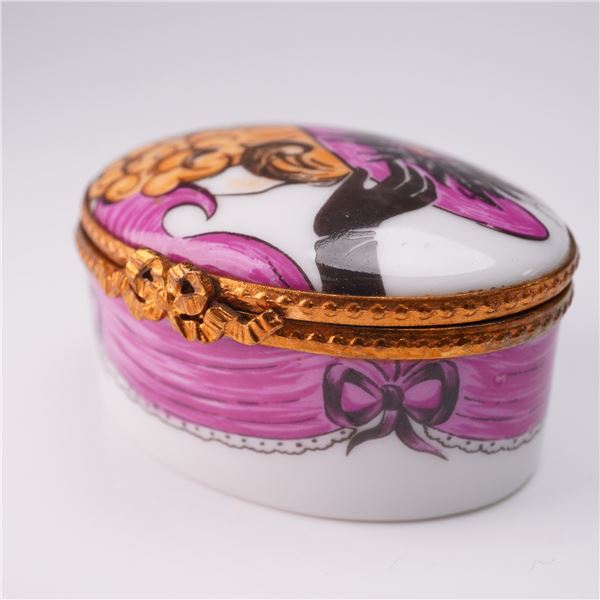 Ring Box Limoges France Lady with Hat and Interior Floral Lace