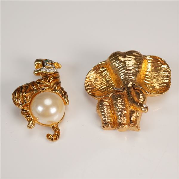 2pc Gold Tone Animal Brooch Set, Landau Tiger and Elephant