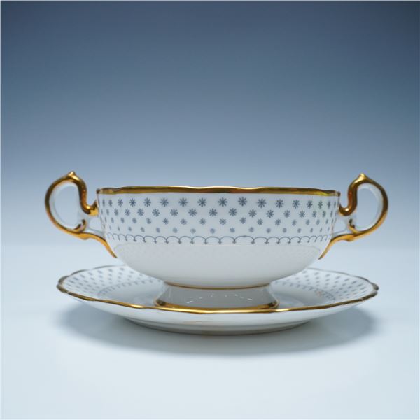 2pc Royal Chelsea English Bone China Gray & Gold Soup Cup and Saucer