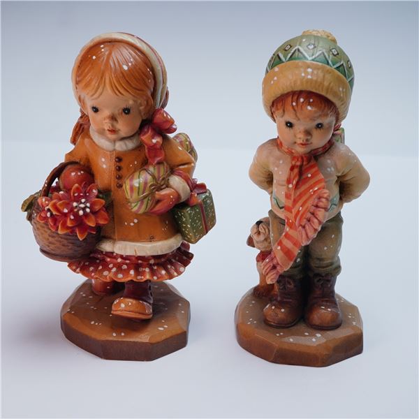 2pc ANRI Hand-Carved Wood Figurines, Boy & Girl with Gifts, Ltd Ed
