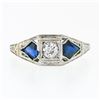 Image 4 : Antique Art Deco 18k White Gold .22 ctw Round Diamond Shield Sapphire 3 Stone Ri