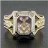 Image 7 : Men's Antique 14K Two Tone Gold Amethyst Detailed Engraved Masonic Band Ring