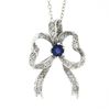 Image 2 : Vintage 18K White Gold 1 ctw Sapphire & Diamond Bow Ribbon Pendant w/ 14k Chain