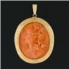 Image 2 : Vintage 14k Gold Bezel Oval Carved Coral Cameo w/ Hand Engraved Frame Pendant