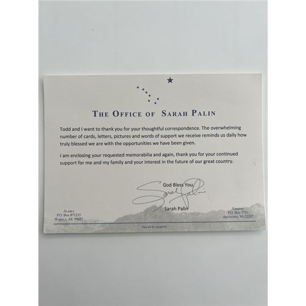 Governor of Alaska Sarah Palin facsimile card