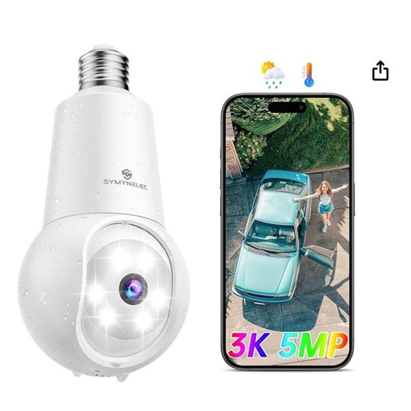 SYMYNELEC 3K 5MP Light Bulb Security Camera Outdoor, 2.4GHz Only WiFi Light Socket Camera with AI Hu