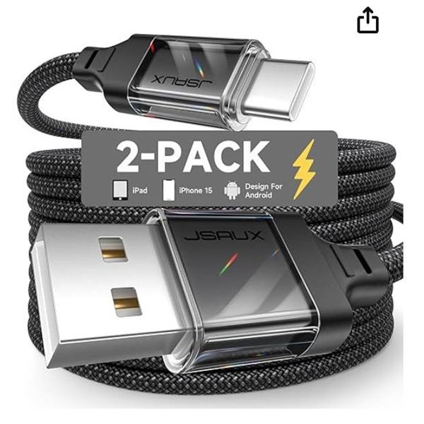 JSAUX USB-C to USB-A Braided Nylon Cable, Model QC0011, 6.6 ft (2-Pack)